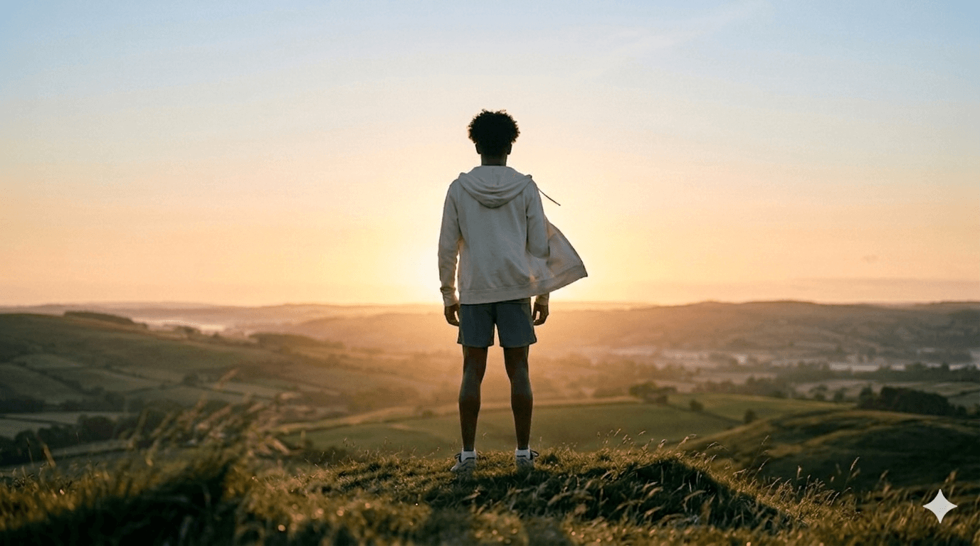 Young person standing on a hilltop at sunrise
