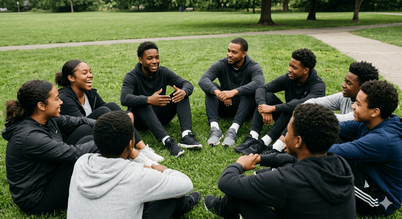Youth participants in a group reflection session outdoors
