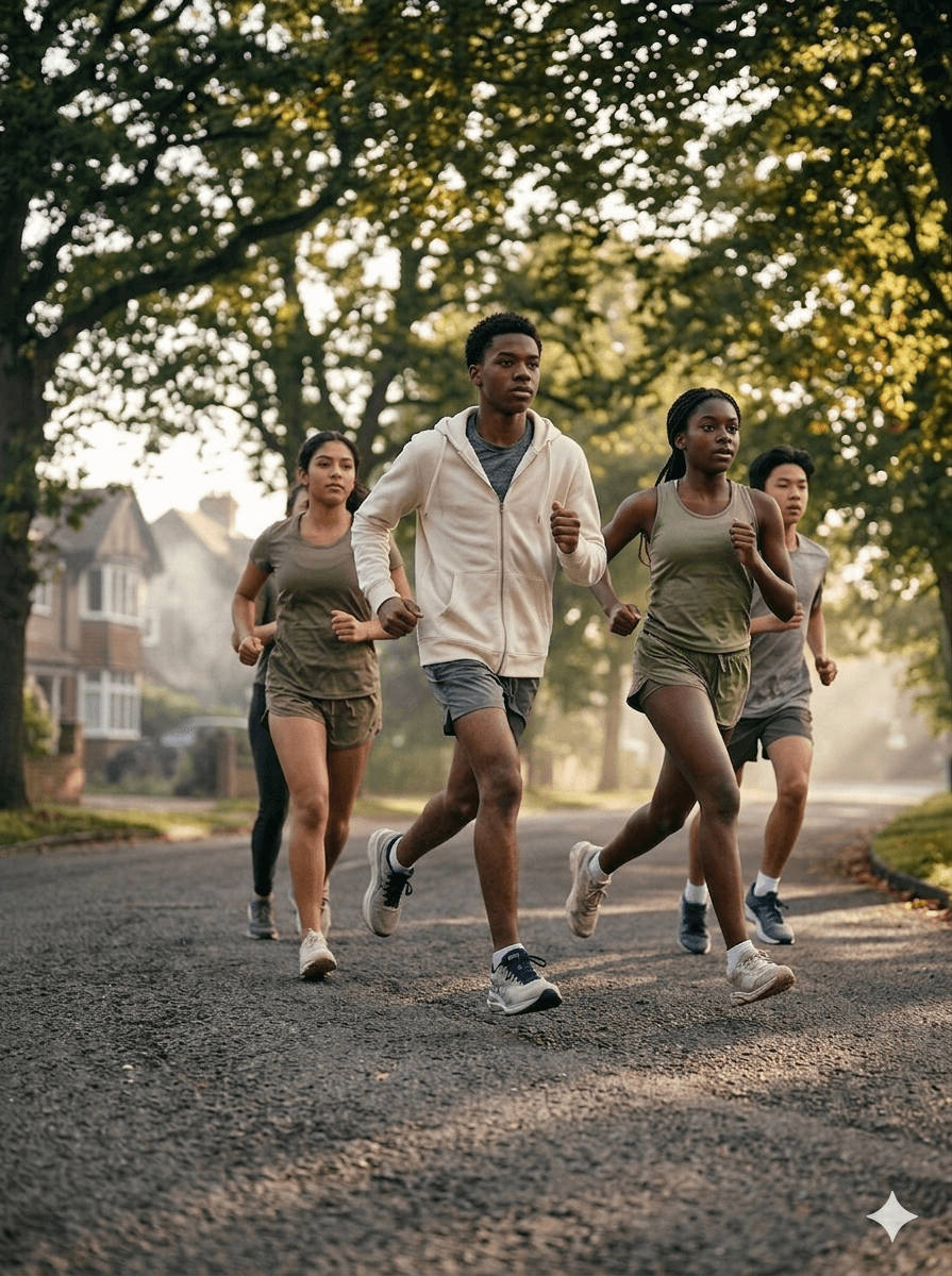 Youth running together during early morning training