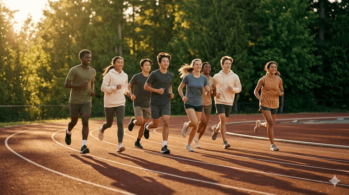 Youth running together at golden hour